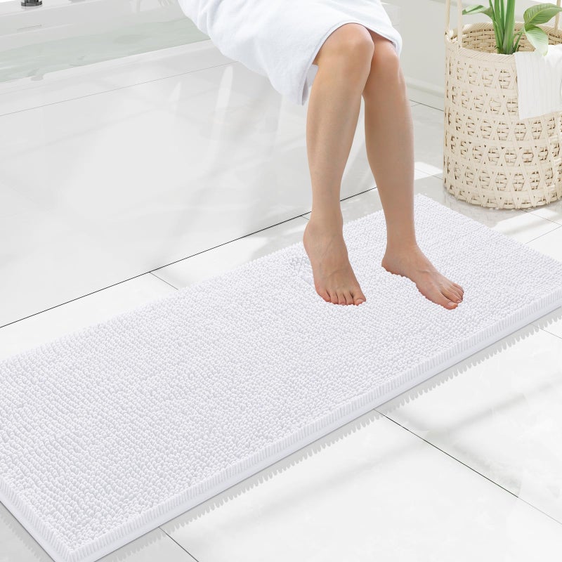 Smiry Luxury Chenille Bathroom Rugs 47x17 Extra Soft and Absorbent Shaggy Bath Mat Machine Washable NonSlip Plush Carpet Runner for Tub Shower and Floor Home Decor Accessories White