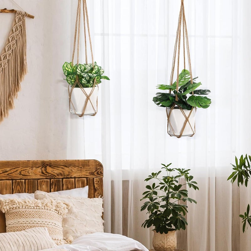 حامل نباتات مكرامي من ييبوت للاستخدام الداخلي مجموعة من 2 مع خطافين على شكل حرف S، حامل نباتات معلق للاستخدام الداخلي والخارجي لحامل النباتات بدون شرابات زخرفية، ديكور منزلي بوهيمي، 35 بوصة، بني (الأواني غير متضمنة) - Image 4