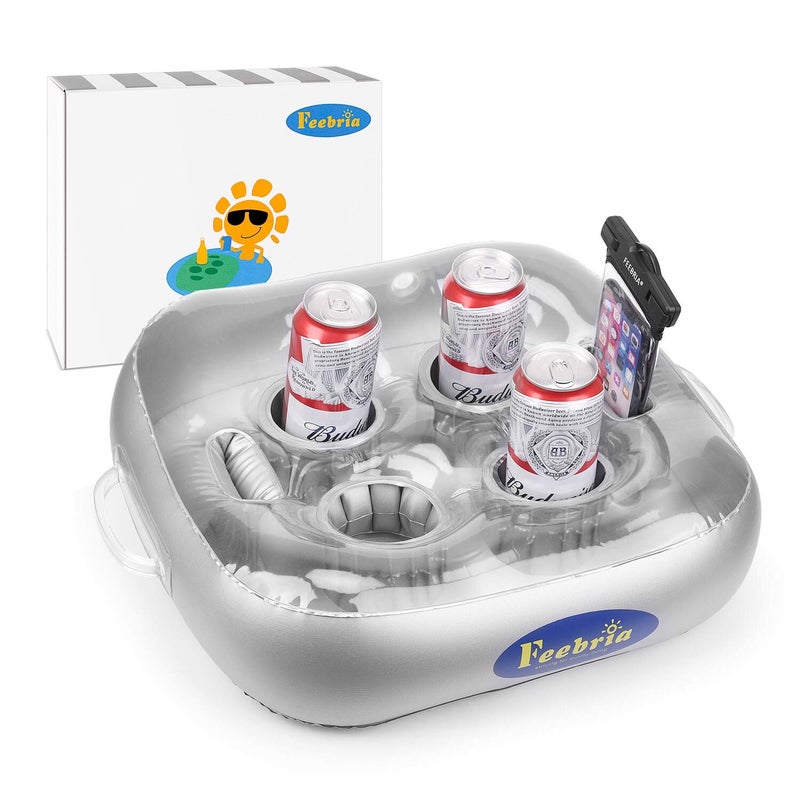 FEEBRIA Inflatable Floating Drink Holder for Pool Party Beach hot tub (Silver) - Image 1