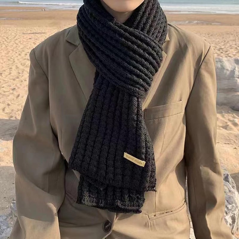 Black Thick Knitted Scarf Long Muffler Unisex Lightweight Comfortable Neck Warmer - Image 5