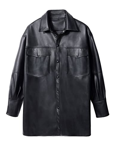 RISISSIDA Women Faux Leather Shacket Jacket Spring Fall Vegan Pleather Casual Lapel Button Down Long Sleeve Shirts,Black,XXL - Image 4