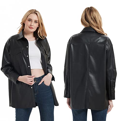 RISISSIDA Women Faux Leather Shacket Jacket Spring Fall Vegan Pleather Casual Lapel Button Down Long Sleeve Shirts,Black,XXL - Image 5