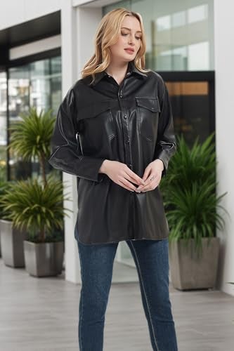 RISISSIDA Women Faux Leather Shacket Jacket Spring Fall Vegan Pleather Casual Lapel Button Down Long Sleeve Shirts,Black,XXL - Image 2