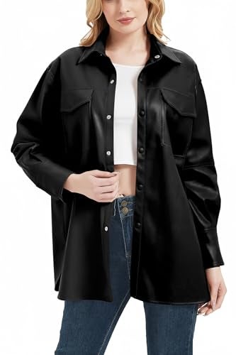 RISISSIDA Women Faux Leather Shacket Jacket Spring Fall Vegan Pleather Casual Lapel Button Down Long Sleeve Shirts,Black,XXL - Image 1