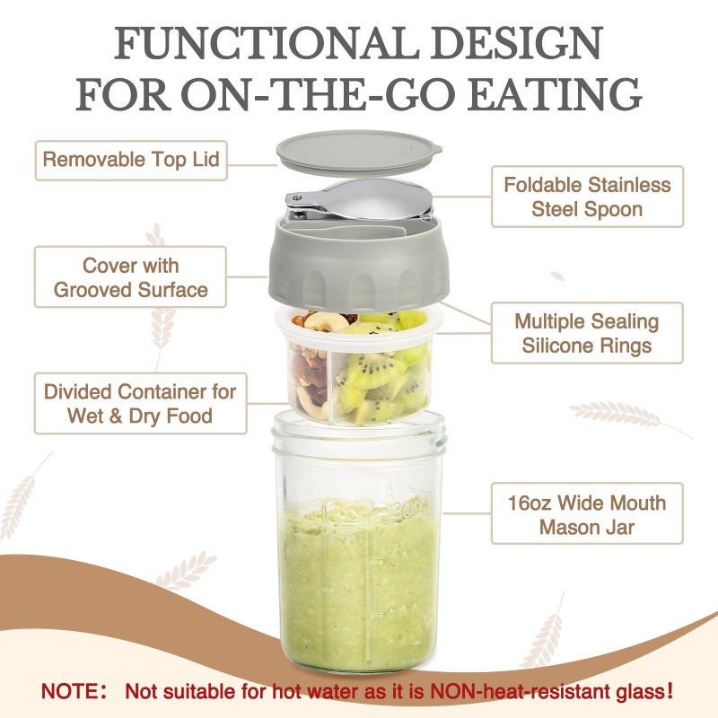 SOLIGT 4 Pack Overnight Oats Containers with Lids, Folding Spoons and Divided Compartments for Fruit & Nuts, Small Glass 16oz Mason Jars for Oatmeal Yogurt Parfait - Image 3
