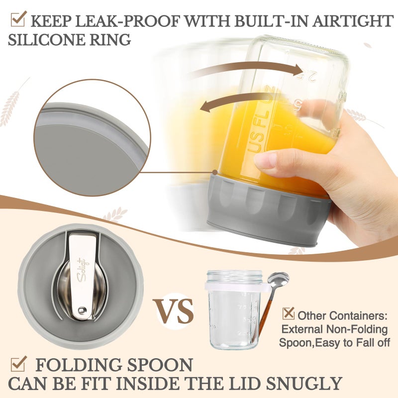 SOLIGT 4 Pack Overnight Oats Containers with Lids, Folding Spoons and Divided Compartments for Fruit & Nuts, Small Glass 16oz Mason Jars for Oatmeal Yogurt Parfait - Image 4