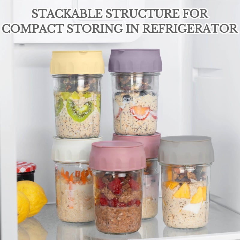 SOLIGT 4 Pack Overnight Oats Containers with Lids, Folding Spoons and Divided Compartments for Fruit & Nuts, Small Glass 16oz Mason Jars for Oatmeal Yogurt Parfait - Image 5