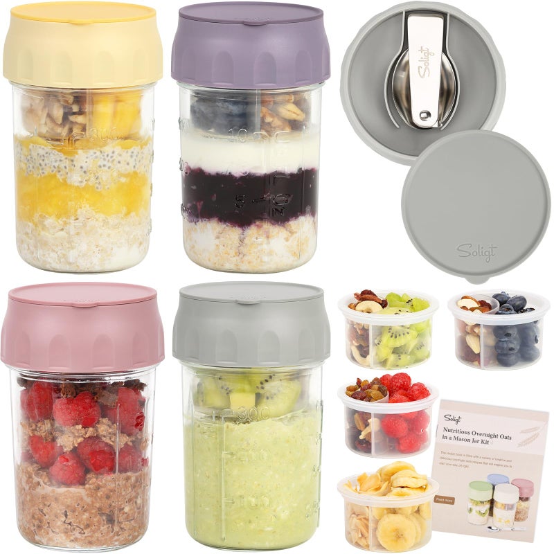 SOLIGT 4 Pack Overnight Oats Containers with Lids, Folding Spoons and Divided Compartments for Fruit & Nuts, Small Glass 16oz Mason Jars for Oatmeal Yogurt Parfait - Image 1