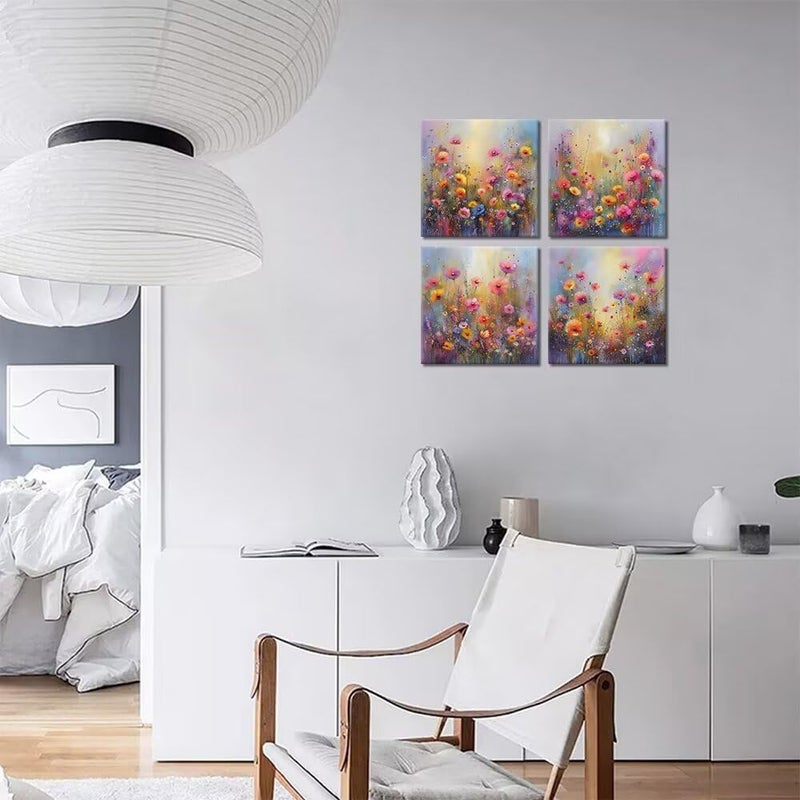 Wall HDQ Colorful Flower Canvas Wall Art for Living Room Bathroom Bedroom Prints Framed 4 Plane(12''W x 12''H x4) - Image 3