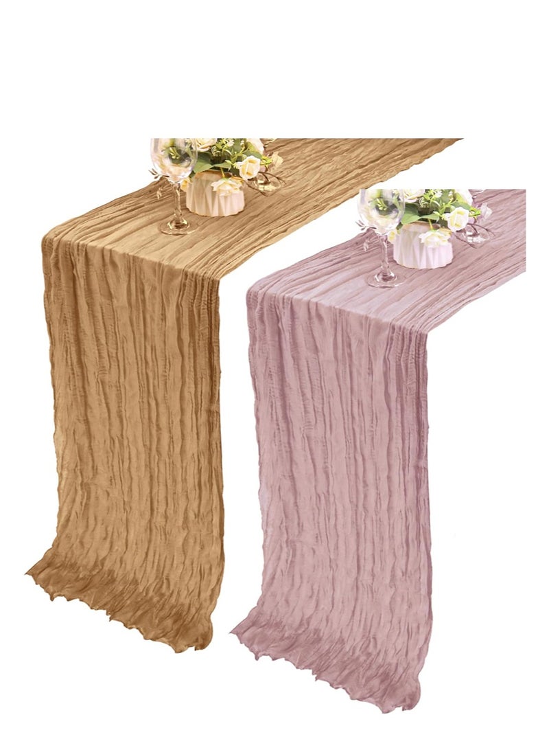 إزدنك قطعتان من مفرش طاولة من القطن الخشن 90 سم × 300 سم بلونين عاريين، مفرش طاولة شفاف من الشاش البوهيمي مناسب لحفلات الزفاف وأعياد الميلاد على الطراز البوهيمي (كاكي + وردي مطاطي) - Image 1