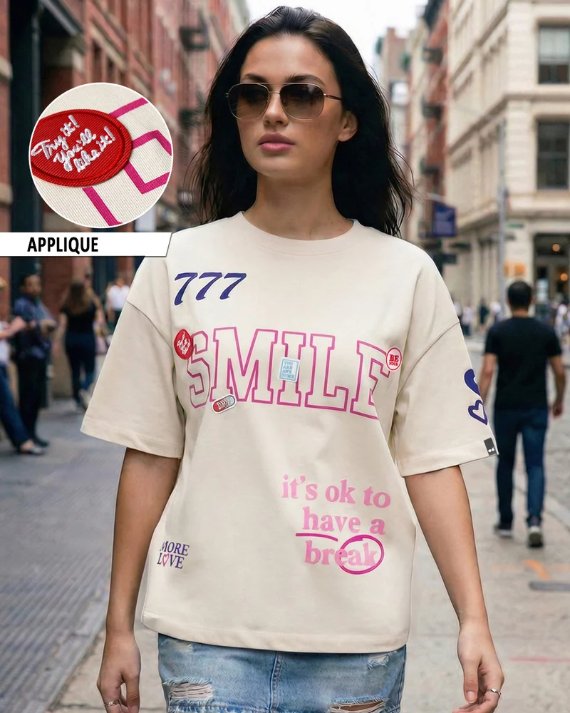 bewakoof Women's Beige More Love Typography Oversized T-shirt