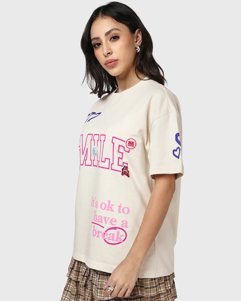 bewakoof Women's Beige More Love Typography Oversized T-shirt