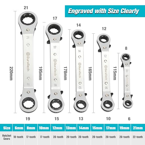 DURATECH 5 Pc Double Offset Box End Reversible Ratcheting Wrench Set Metric, Heavy-duty, Matte Chrome Plated, Ratchet Spanner Crooked for Narrow Spaces (6x8 mm, 10x12 mm, 13x14 mm, 15x17 mm, 19x21 mm) - Image 2