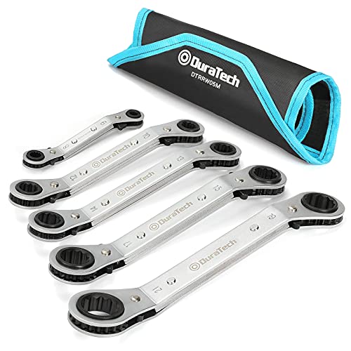 DURATECH 5 Pc Double Offset Box End Reversible Ratcheting Wrench Set Metric, Heavy-duty, Matte Chrome Plated, Ratchet Spanner Crooked for Narrow Spaces (6x8 mm, 10x12 mm, 13x14 mm, 15x17 mm, 19x21 mm) - Image 1
