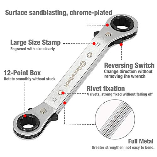 DURATECH 5 Pc Double Offset Box End Reversible Ratcheting Wrench Set Metric, Heavy-duty, Matte Chrome Plated, Ratchet Spanner Crooked for Narrow Spaces (6x8 mm, 10x12 mm, 13x14 mm, 15x17 mm, 19x21 mm) - Image 4