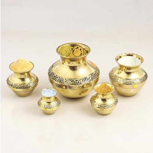 Putrika Brass Gubera Lota with 11 Lakshmi Yantra Kubera Coin |Ghada Set of 5 Pooja Kalash Pot for Wealth & Prosperity |Puja Kalasam with 11 Gold Coins for Diwali, VaraLakshmi Pooja-Yantra Kuber Coins - Image 2