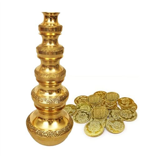 Putrika Brass Gubera Lota with 11 Lakshmi Yantra Kubera Coin |Ghada Set of 5 Pooja Kalash Pot for Wealth & Prosperity |Puja Kalasam with 11 Gold Coins for Diwali, VaraLakshmi Pooja-Yantra Kuber Coins - Image 1