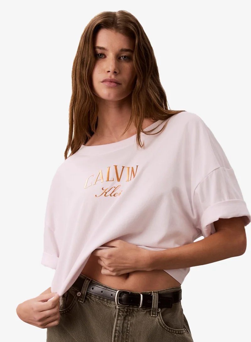 Calvin Klein Jeans  Metallic Varsity Logo Boxy Cropped T-Shirt for Women | Best Price UAE