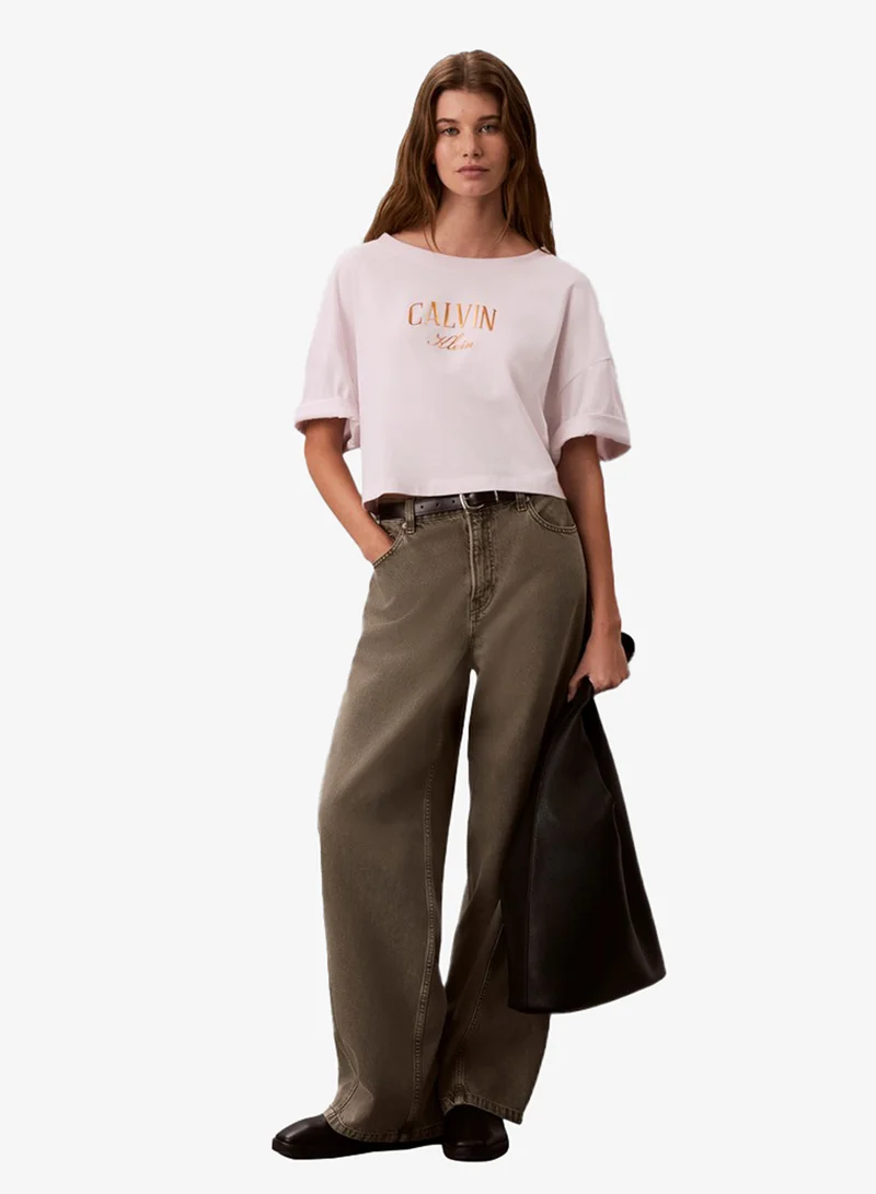 Calvin Klein Jeans  Metallic Varsity Logo Boxy Cropped T-Shirt for Women | Best Price UAE