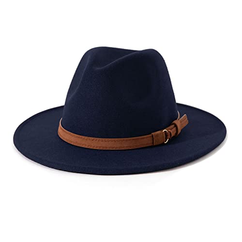 Lisianthus Men & Women Vintage Wide Brim Fedora Hat with Belt Buckle A-Navy Blue 59-60cm - Image 1