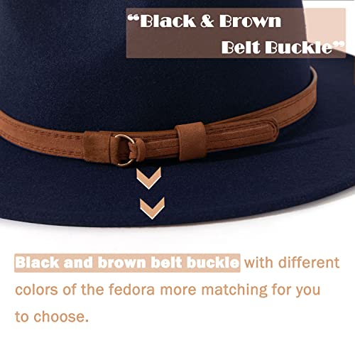 Lisianthus Men & Women Vintage Wide Brim Fedora Hat with Belt Buckle A-Navy Blue 59-60cm - Image 3