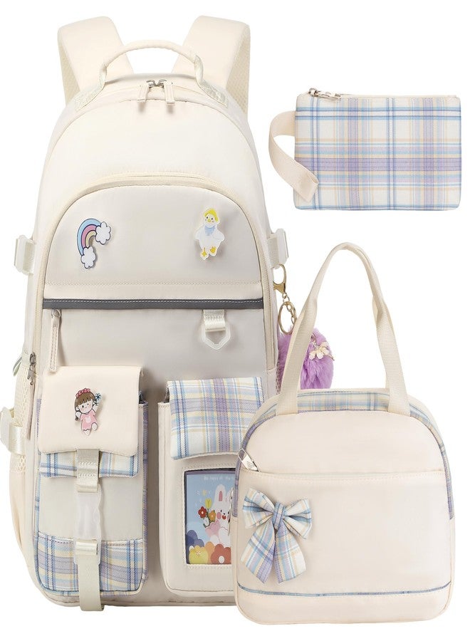 KIDNUO Backpack for Girls 15.6 Inch Laptop School Bag Kids Elementary 3pcs Backpacks Lunch box Pencil Case Set Bookbags, Beige, Large, Laptop Backpack - Image 1