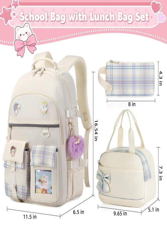 KIDNUO Backpack for Girls 15.6 Inch Laptop School Bag Kids Elementary 3pcs Backpacks Lunch box Pencil Case Set Bookbags, Beige, Large, Laptop Backpack - Image 2