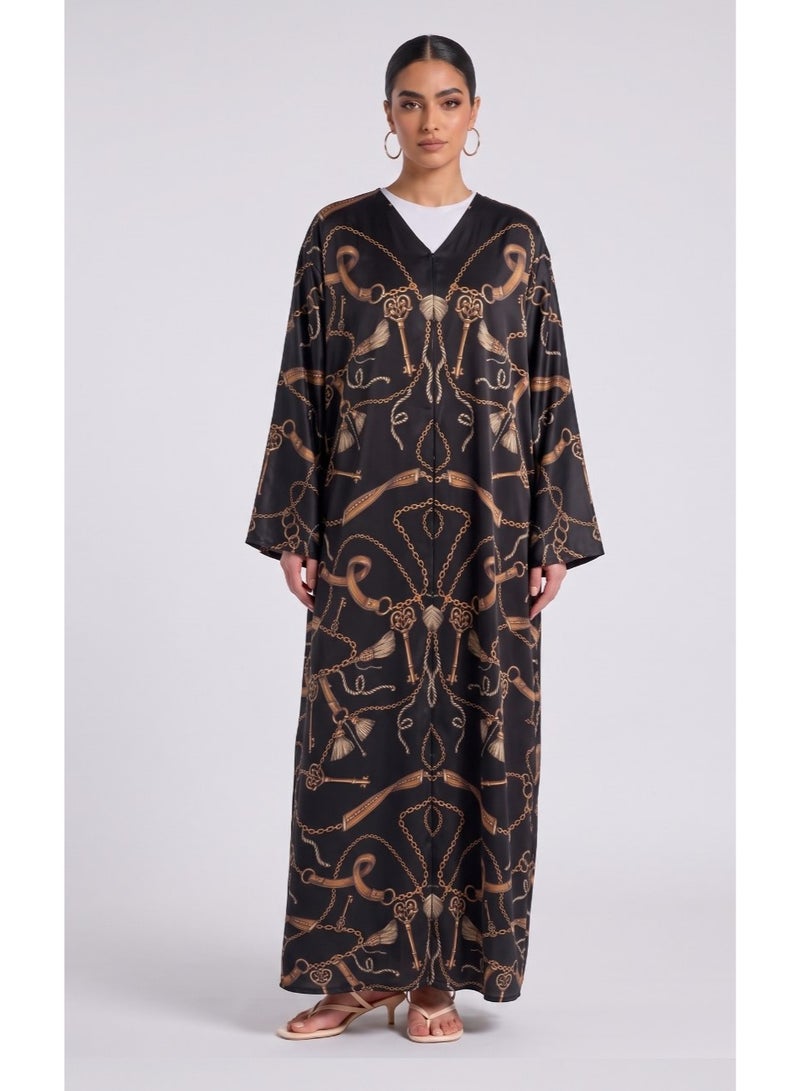 Next Abaya Luxury Chain and Key Printed Silk Abaya Black and Gold V-Neck Maxi Dress - Image 1