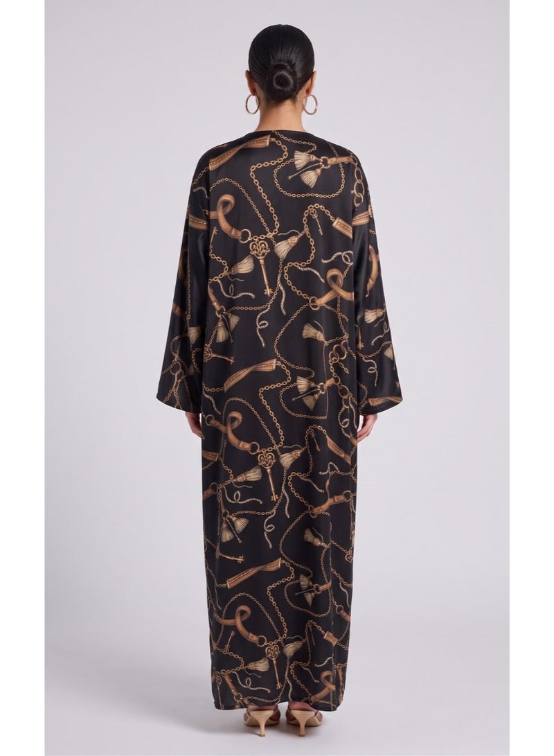 Next Abaya Luxury Chain and Key Printed Silk Abaya Black and Gold V-Neck Maxi Dress - Image 2
