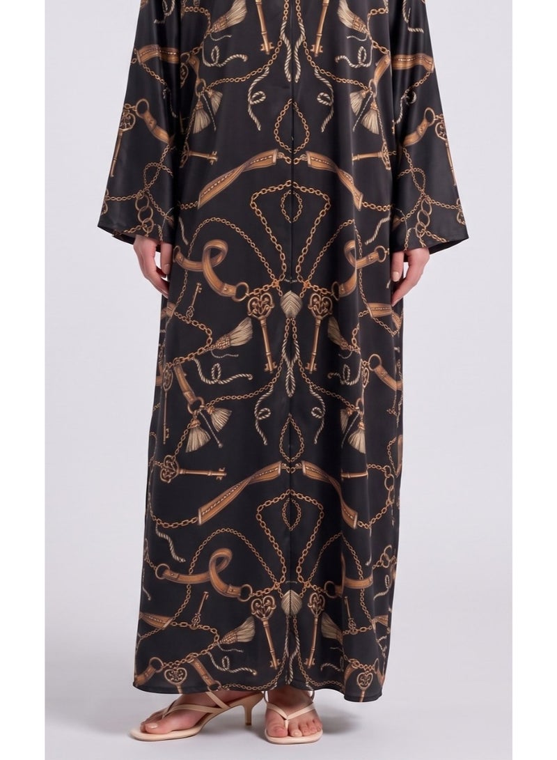Next Abaya Luxury Chain and Key Printed Silk Abaya Black and Gold V-Neck Maxi Dress - Image 3