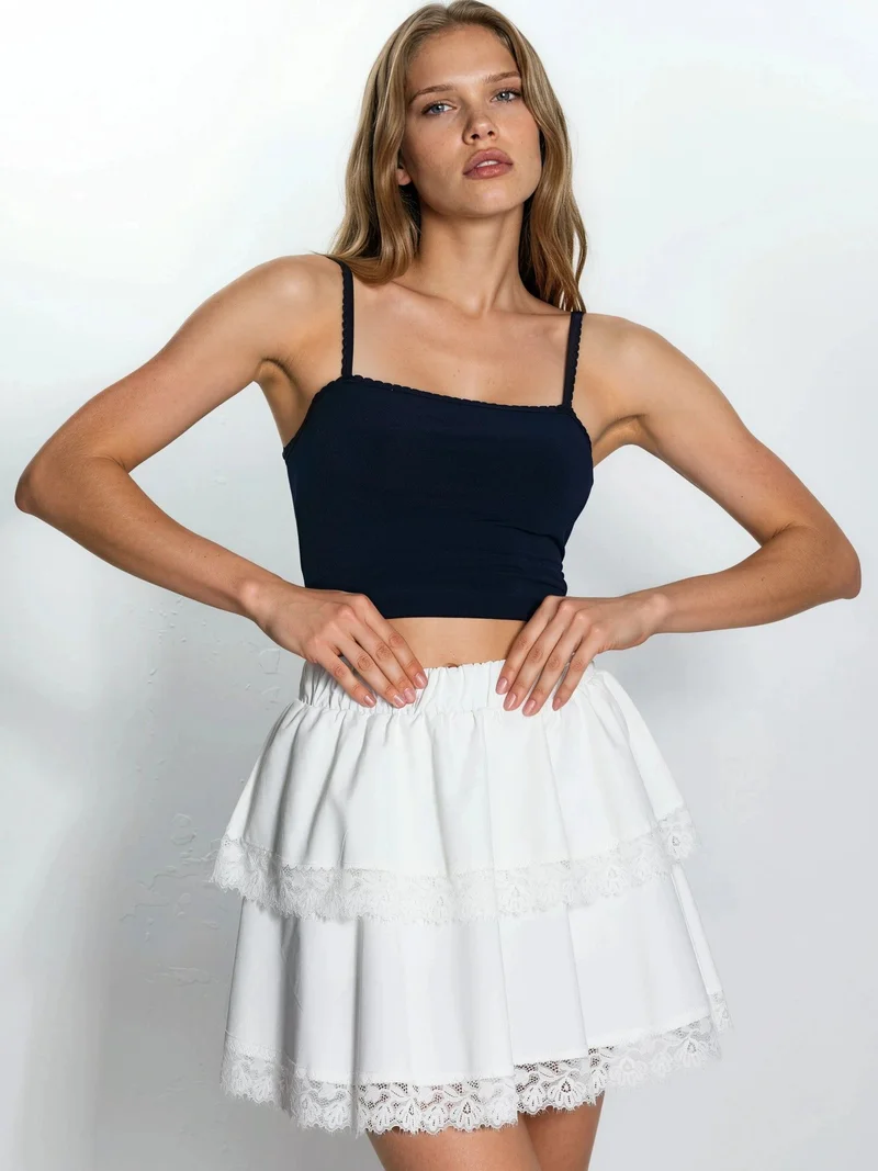 Qustyle QU STYLE High Waist Lace Mini Skater Skirt
