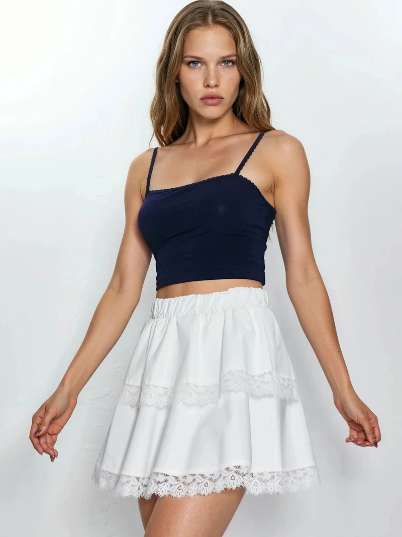 Qustyle QU STYLE High Waist Lace Mini Skater Skirt