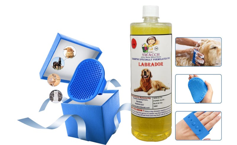 swacch Shampoo | Puppy Safe Shampoo | PH Balanced | Labrador Dog Shampoo 1 Litre Lemon + | Rubber Bath Brush with Adjustable Straps | Pet Massage | Soothing Bristles Hand Brush I Combo Pack - Image 2