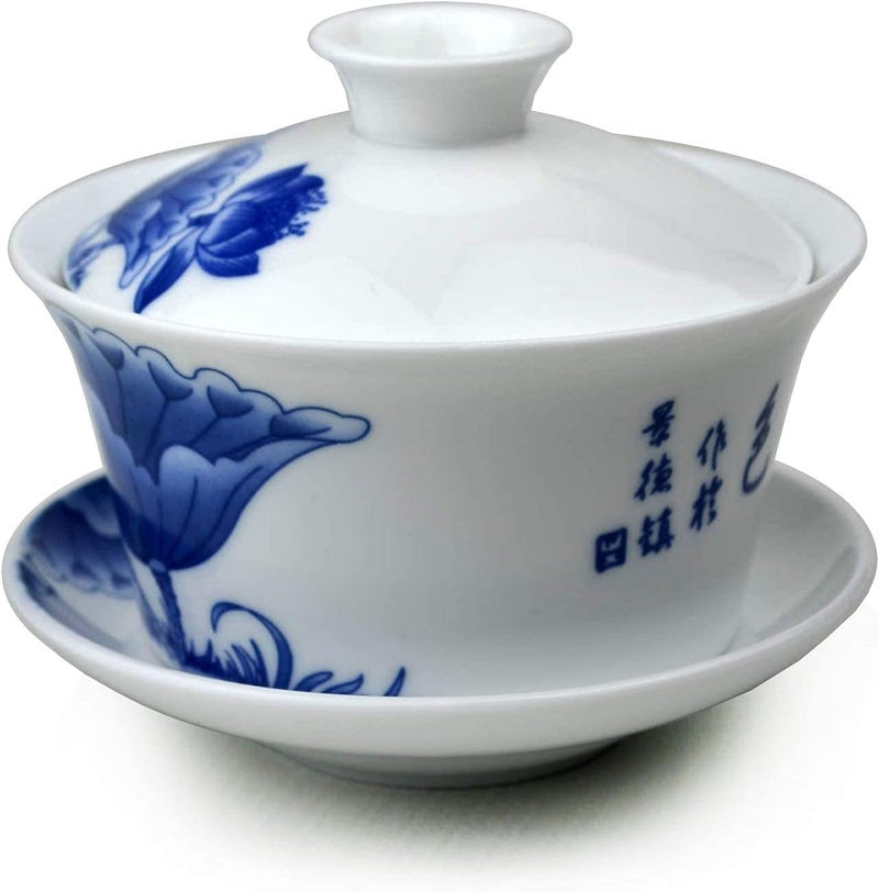 Liang baobao Porcelain Gaiwan 9oz Teacup Blue White Glazed Tureen Cups Chinese Sancai Cover Bowl Lip Cup Saucer Gongfu Tea Set Kits lotus  - Image 5