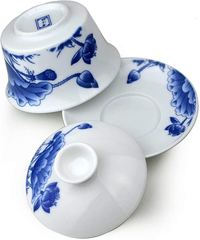 Liang baobao Porcelain Gaiwan 9oz Teacup Blue White Glazed Tureen Cups Chinese Sancai Cover Bowl Lip Cup Saucer Gongfu Tea Set Kits lotus  - Image 3