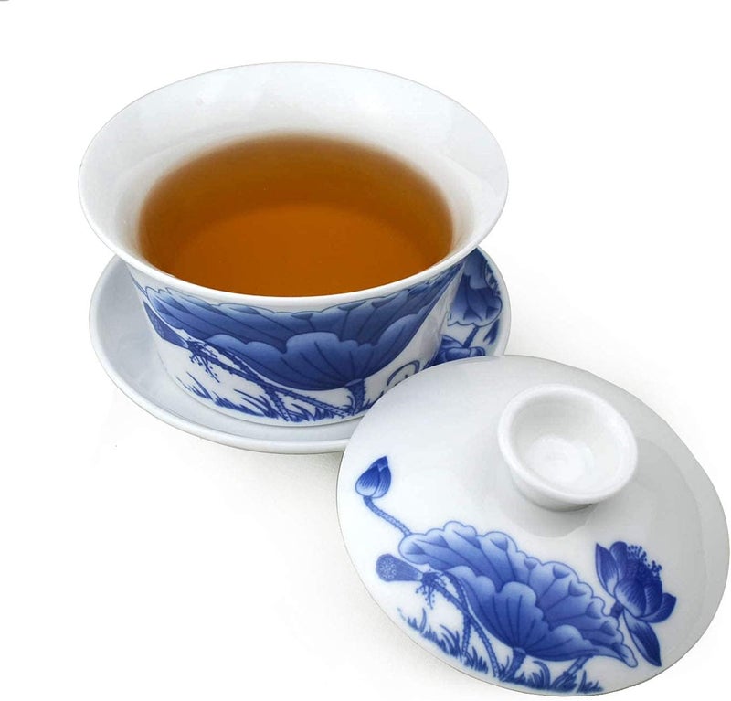 Liang baobao Porcelain Gaiwan 9oz Teacup Blue White Glazed Tureen Cups Chinese Sancai Cover Bowl Lip Cup Saucer Gongfu Tea Set Kits lotus  - Image 4