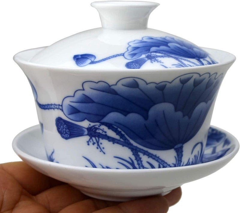 Liang baobao Porcelain Gaiwan 9oz Teacup Blue White Glazed Tureen Cups Chinese Sancai Cover Bowl Lip Cup Saucer Gongfu Tea Set Kits lotus  - Image 1