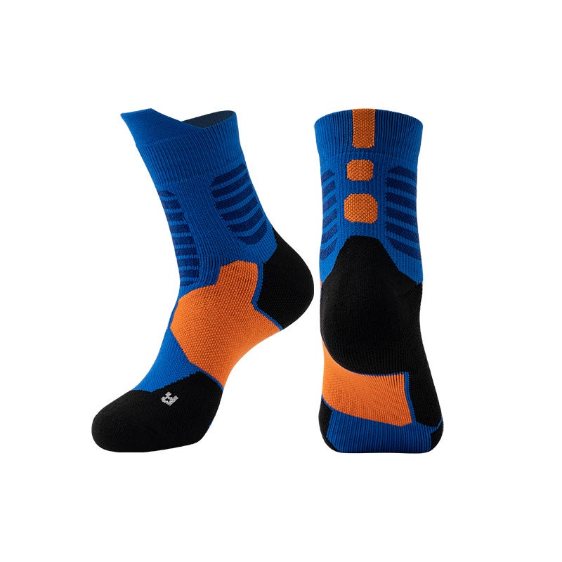 Generic 2022 Adult Elite Basketball Socks for Men and Women Medium-sized Towel Bottom Thickened Non-slip Wear-resistant Breathable Running Socks Blue Orange color matching