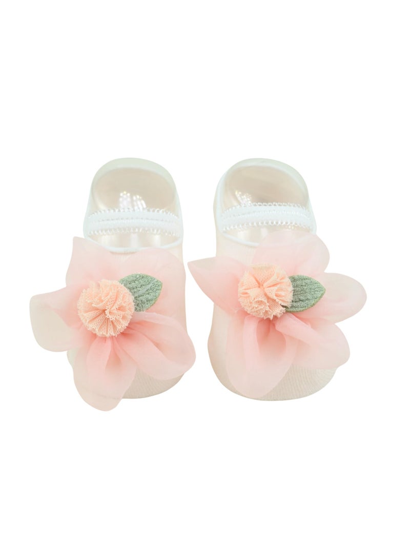 Yellow Bee Girl's Charming Baby Cotton Socks with Pink Flower Accent- Pink - Image 1