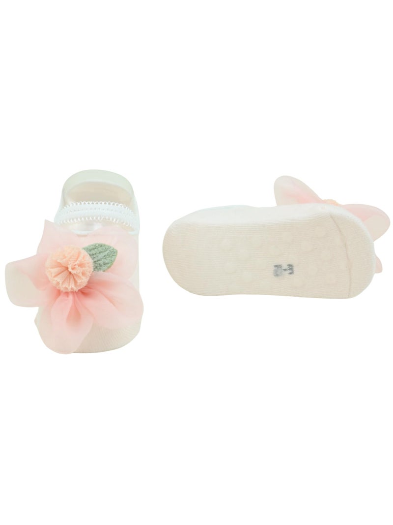 Yellow Bee Girl's Charming Baby Cotton Socks with Pink Flower Accent- Pink - Image 3