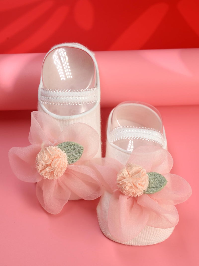 Yellow Bee Girl's Charming Baby Cotton Socks with Pink Flower Accent- Pink - Image 2