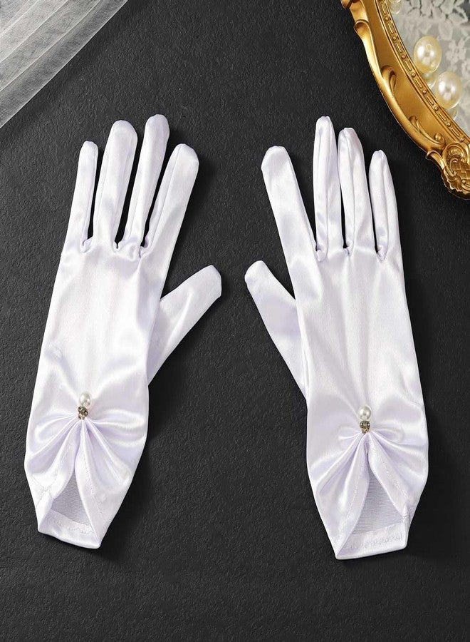 Unsutuo Short Satin Gloves Bridal Pearl Gloves Opera Gloves for Women and Girls (white, one size) - Image 3