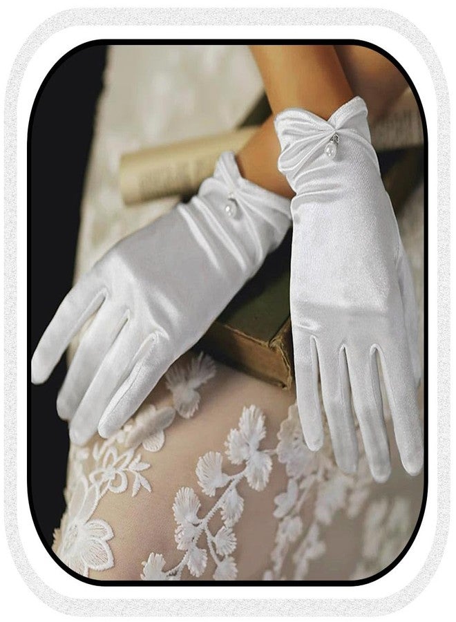 Unsutuo Short Satin Gloves Bridal Pearl Gloves Opera Gloves for Women and Girls (white, one size) - Image 1