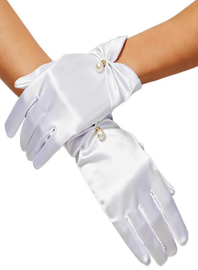 Unsutuo Short Satin Gloves Bridal Pearl Gloves Opera Gloves for Women and Girls (white, one size) - Image 2