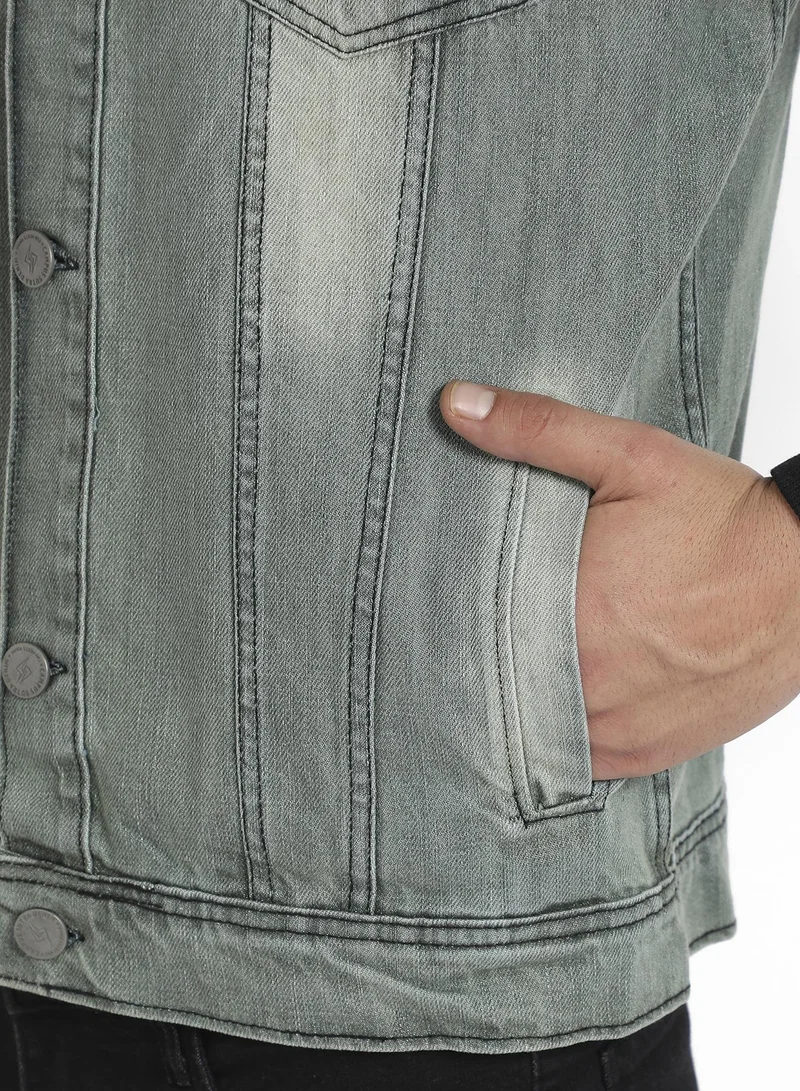 Campus Sutra Men's Grey & Black Light-Wash Denim Jacket With Sweatshirt Sleeve