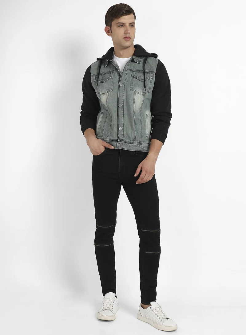 Campus Sutra Men's Grey & Black Light-Wash Denim Jacket With Sweatshirt Sleeve