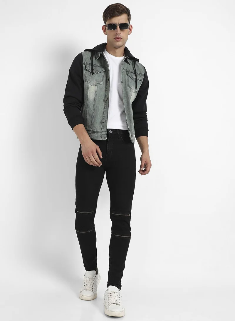 Campus Sutra Men's Grey & Black Light-Wash Denim Jacket With Sweatshirt Sleeve