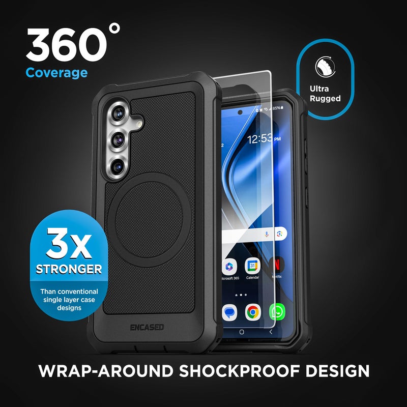 ENCASED Heavy Duty Case for Samsung Galaxy S25 Plus with Tempered Glass Screen Protector (Compatible with MagSafe Qi2) Full Body Protective Phone Case (Black) - Image 4
