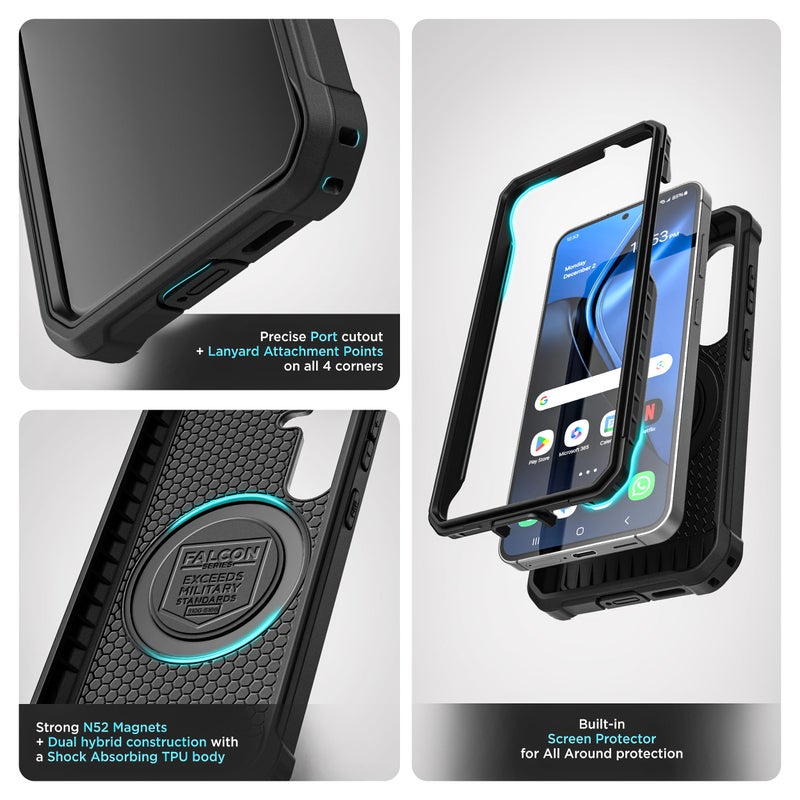 ENCASED Heavy Duty Case for Samsung Galaxy S25 Plus with Tempered Glass Screen Protector (Compatible with MagSafe Qi2) Full Body Protective Phone Case (Black) - Image 3