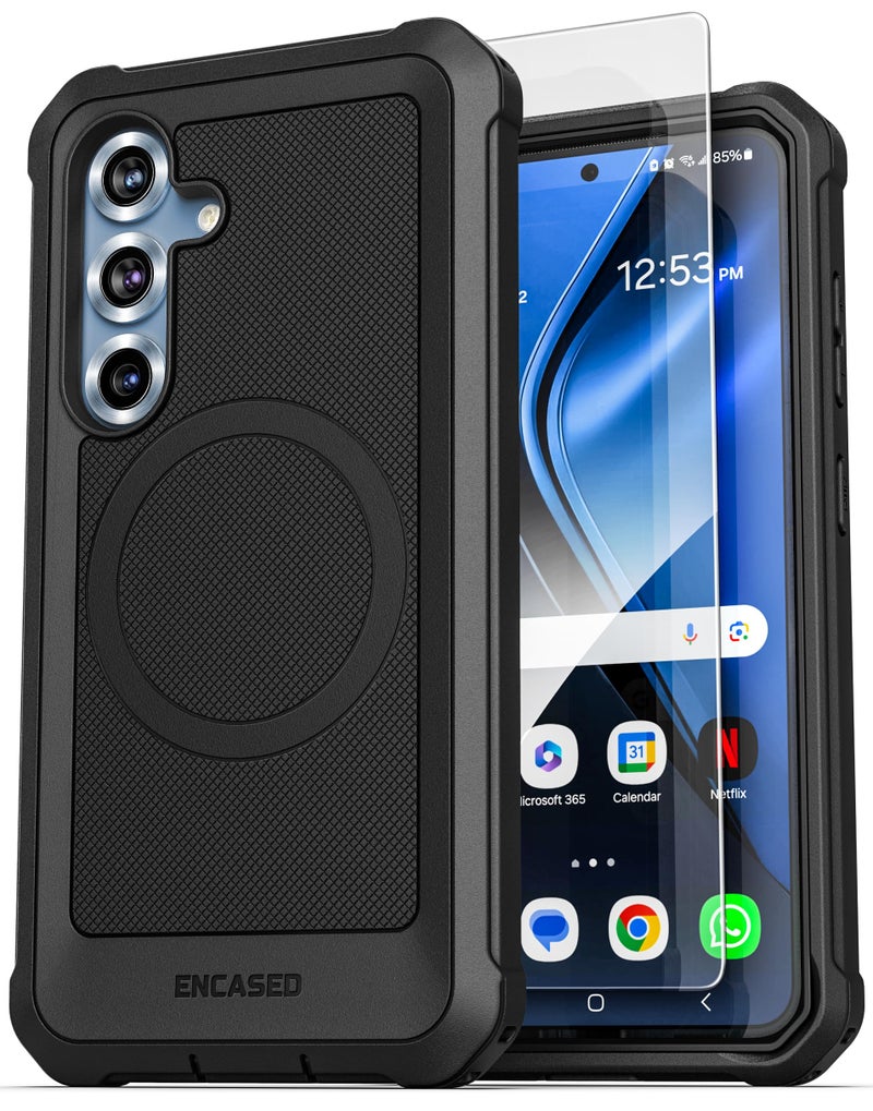 ENCASED Heavy Duty Case for Samsung Galaxy S25 Plus with Tempered Glass Screen Protector (Compatible with MagSafe Qi2) Full Body Protective Phone Case (Black) - Image 1